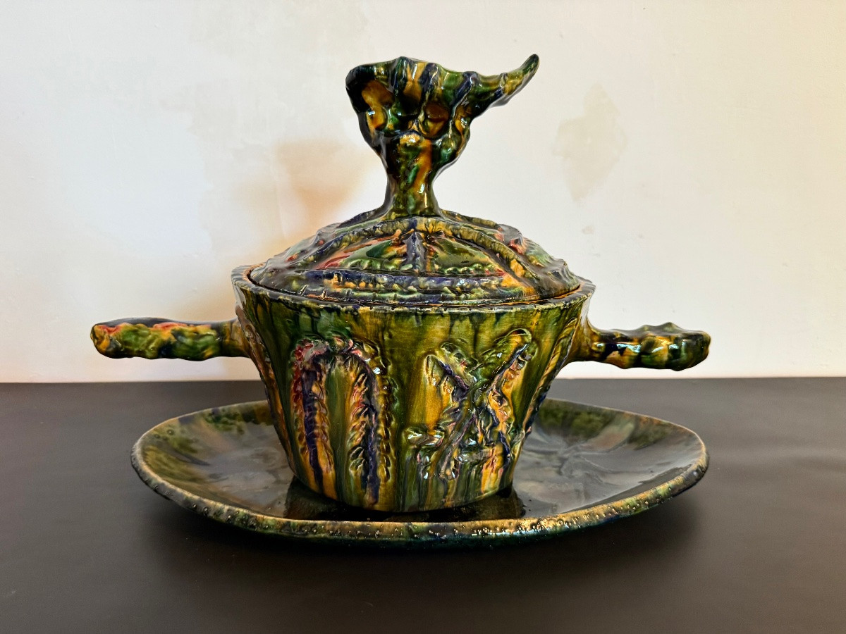 Soup Tureen And Its Dish Signed Gerlou, Unique Piece In Vallauris-photo-5