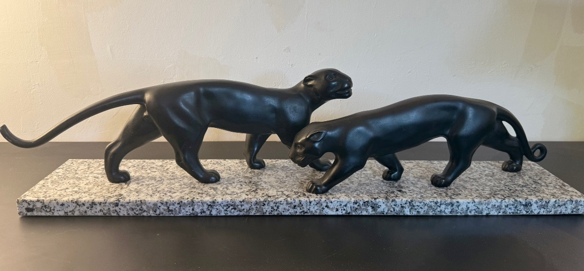 Art Deco Bronze Sculpture Of Two Panthers Lucien Alliot France 1925-photo-2