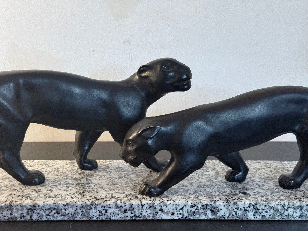 Art Deco Bronze Sculpture Of Two Panthers Lucien Alliot France 1925-photo-4