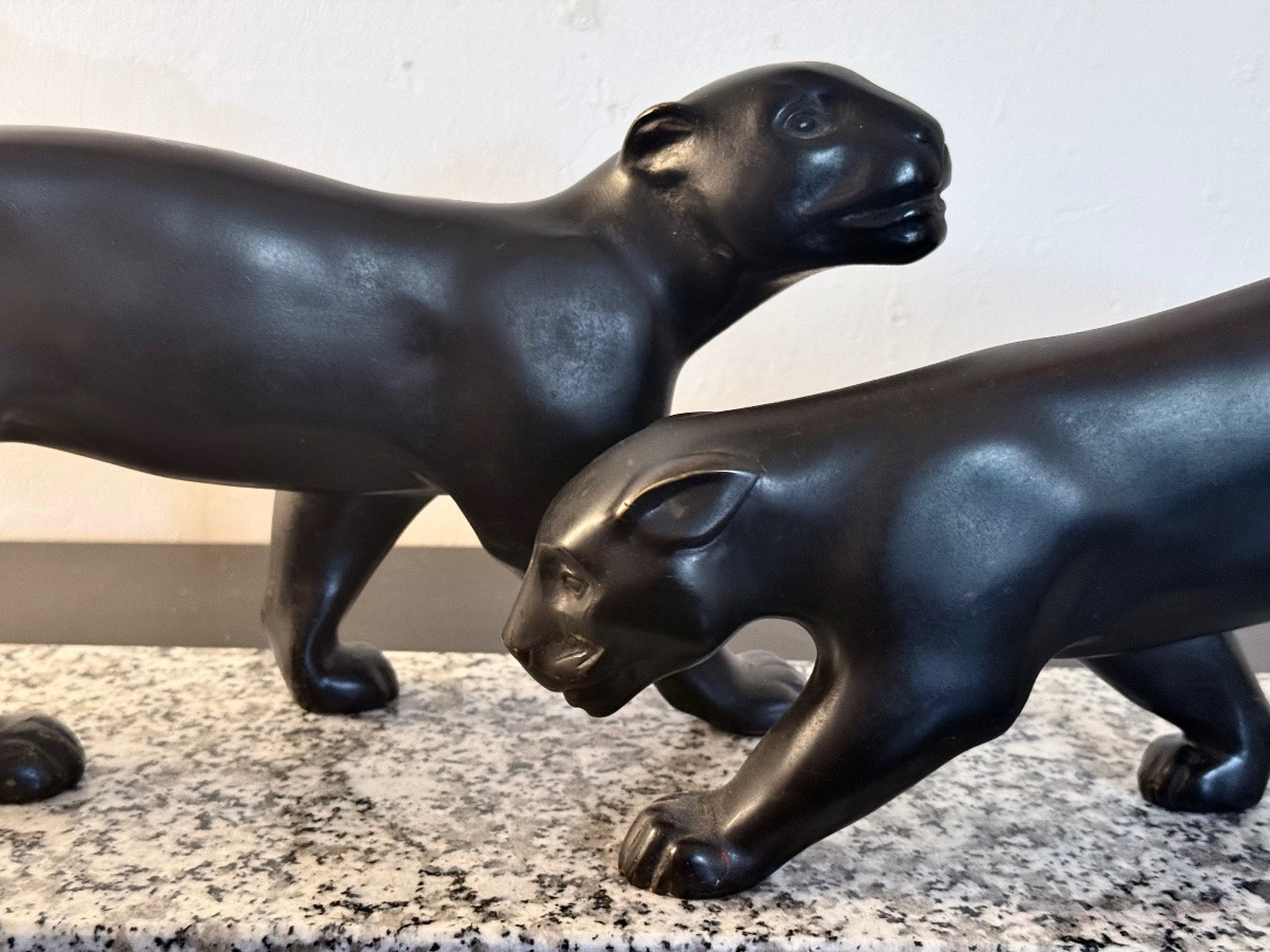 Art Deco Bronze Sculpture Of Two Panthers Lucien Alliot France 1925-photo-2