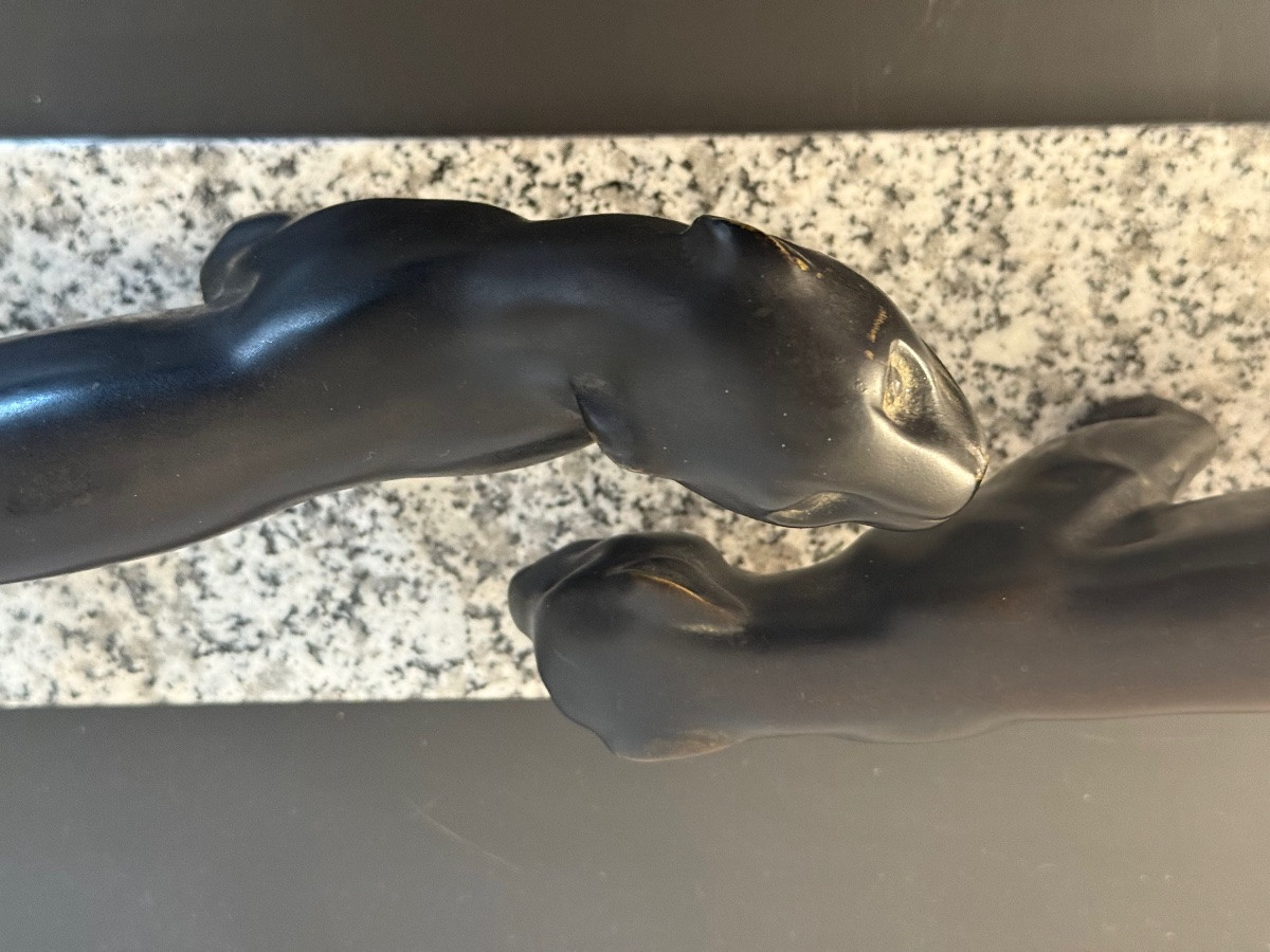 Art Deco Bronze Sculpture Of Two Panthers Lucien Alliot France 1925-photo-4