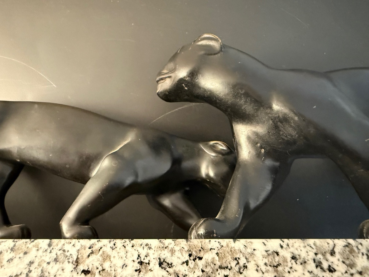 Art Deco Bronze Sculpture Of Two Panthers Lucien Alliot France 1925-photo-7