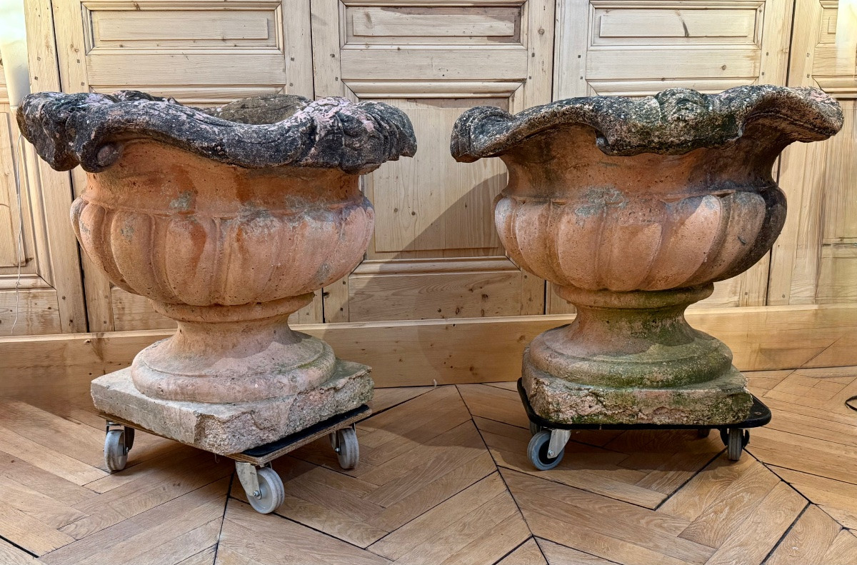 importante paire de cache pot XIX ieme en terre cuite -photo-7