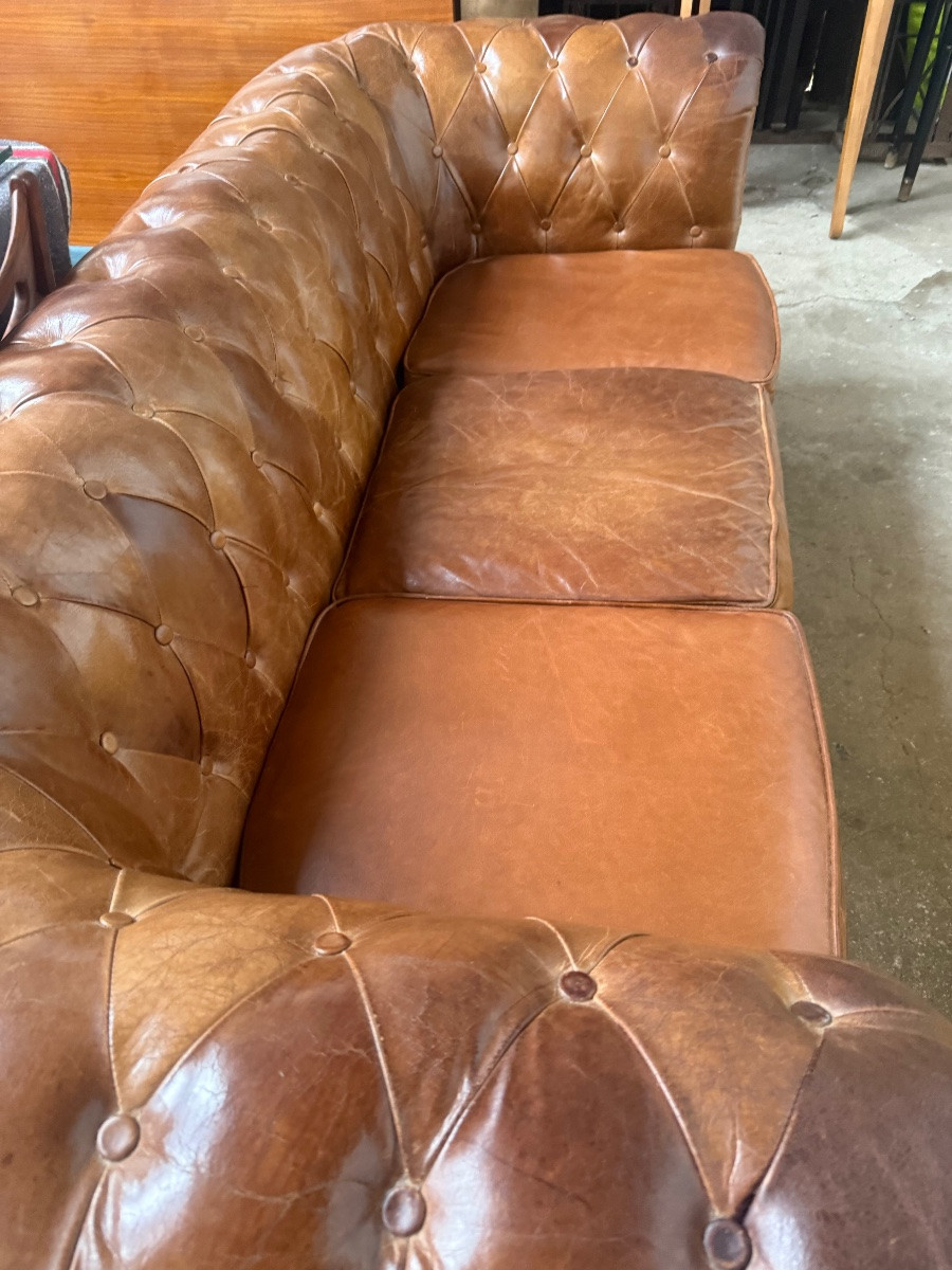Antique Chesterfield Sofa In Tan Leather -photo-2
