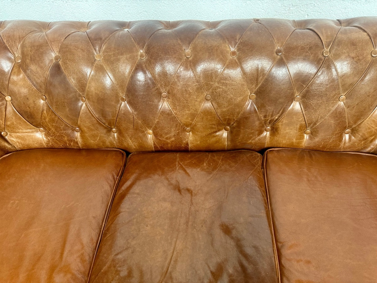 Antique Chesterfield Sofa In Tan Leather -photo-2