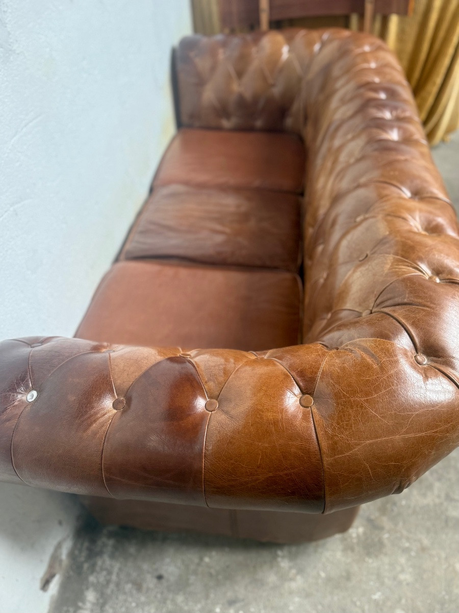 Antique Chesterfield Sofa In Tan Leather -photo-8