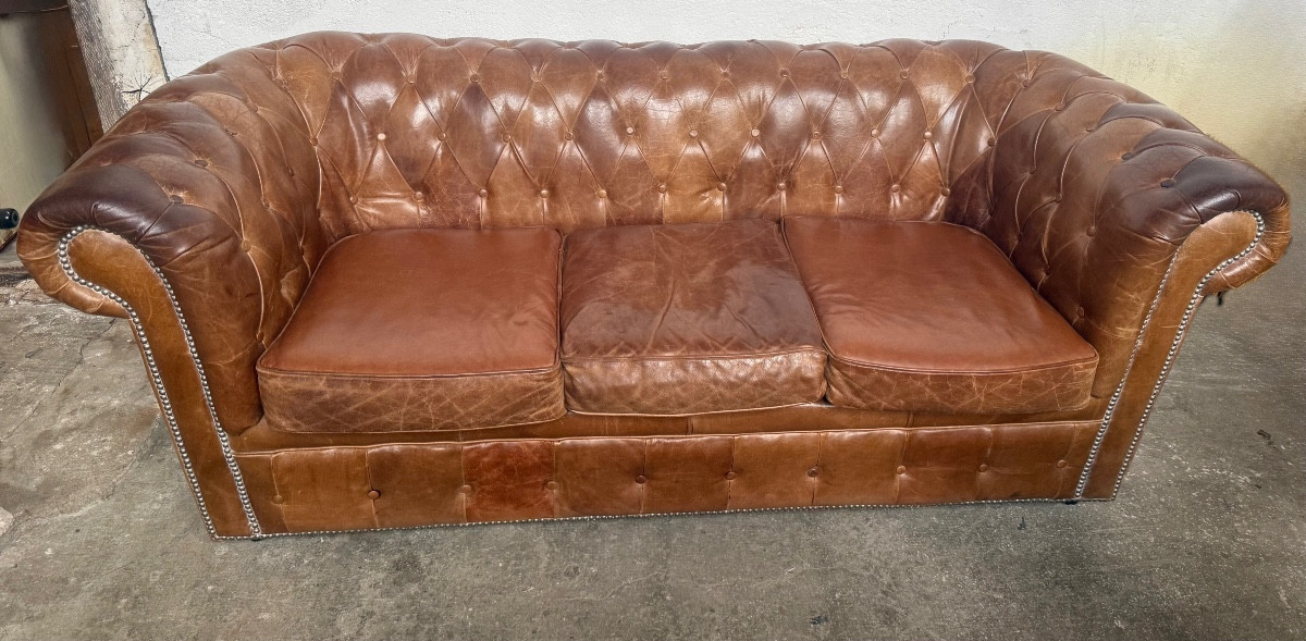 Antique Chesterfield Sofa In Tan Leather 