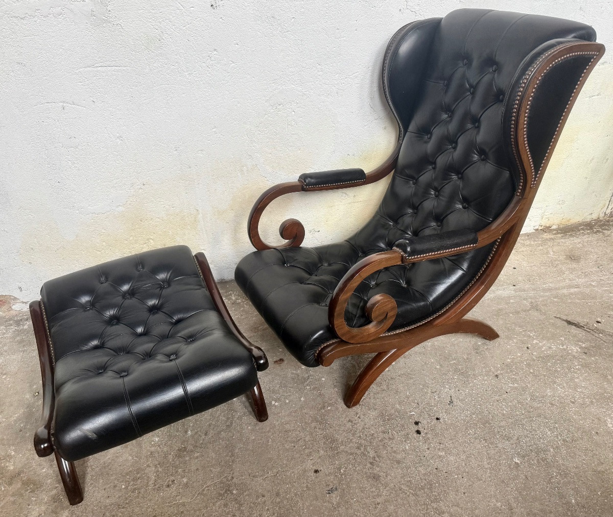 rocking chair et son ottoman cuir noir -photo-3
