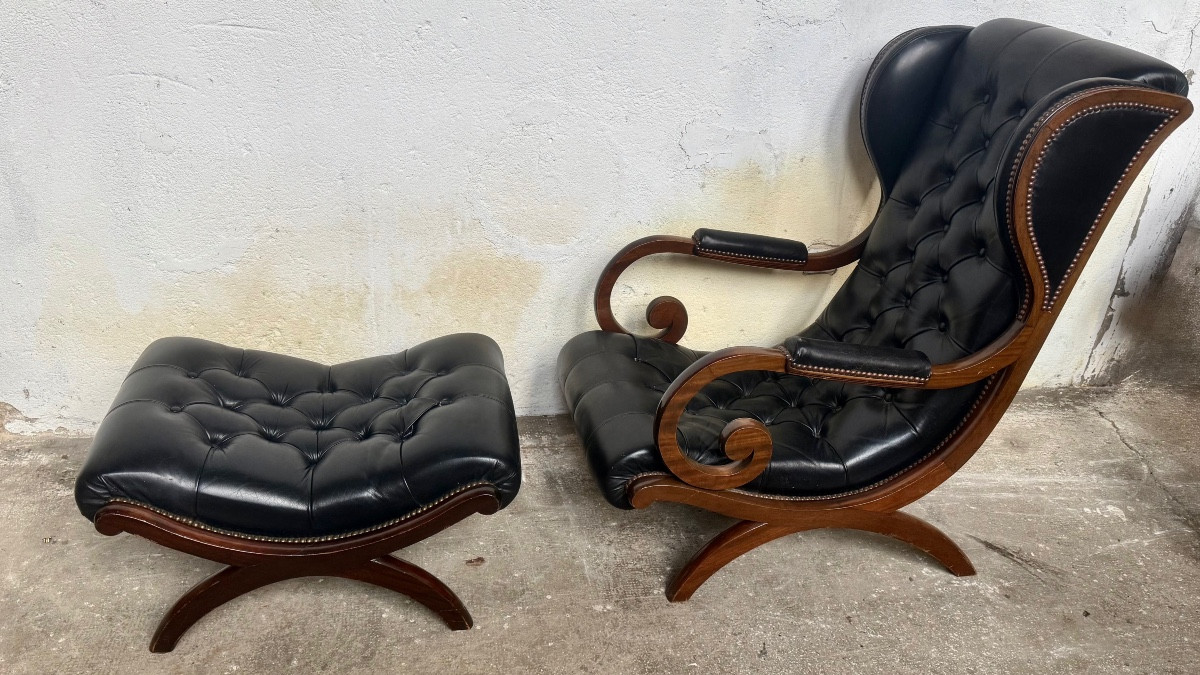 rocking chair et son ottoman cuir noir 