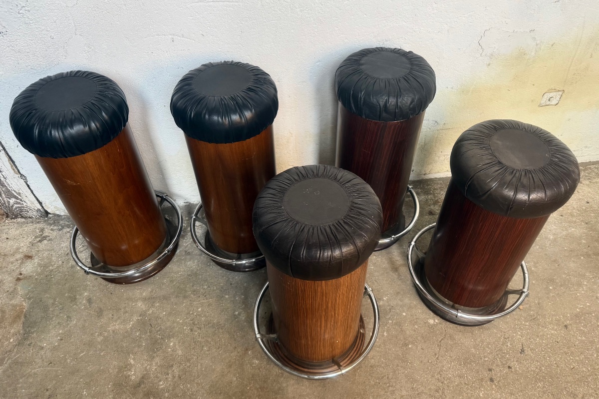 Set Of 5 Art Deco Style Stools Rosewood Chrome And Ski-photo-4