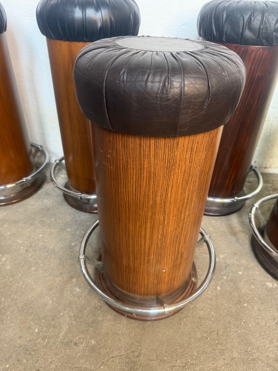 Set Of 5 Art Deco Style Stools Rosewood Chrome And Ski-photo-4
