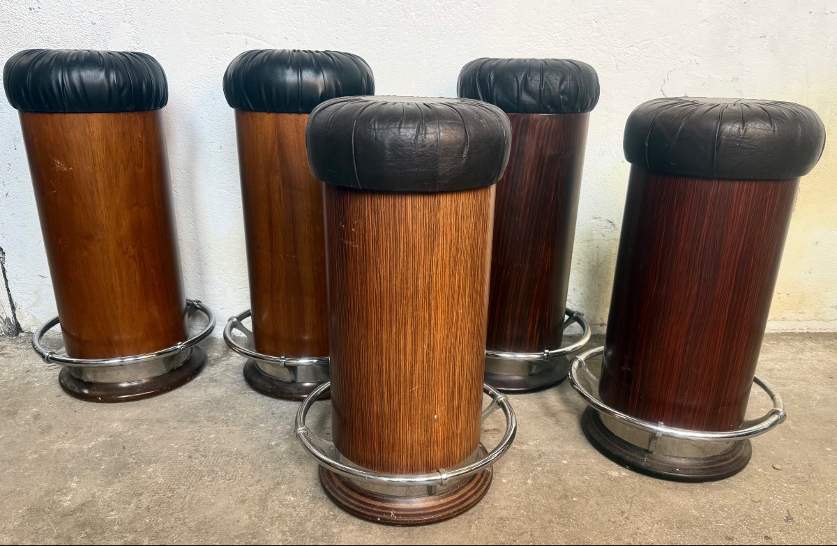Set Of 5 Art Deco Style Stools Rosewood Chrome And Ski-photo-5