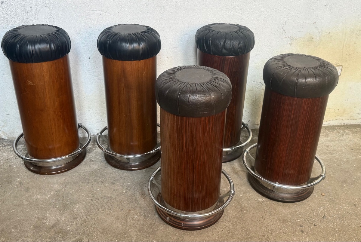 Set Of 5 Art Deco Style Stools Rosewood Chrome And Ski