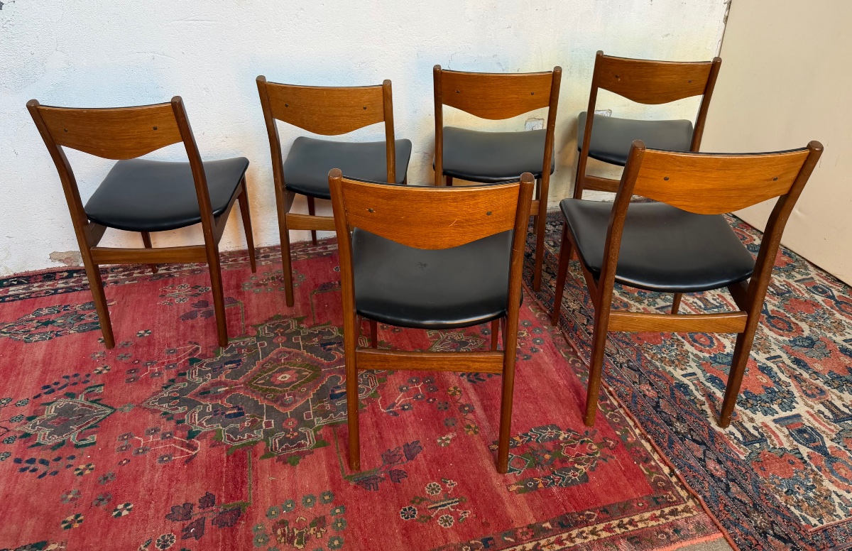 Set Of 6 Scandinavian Chairs In Teak And Black Skai-photo-2