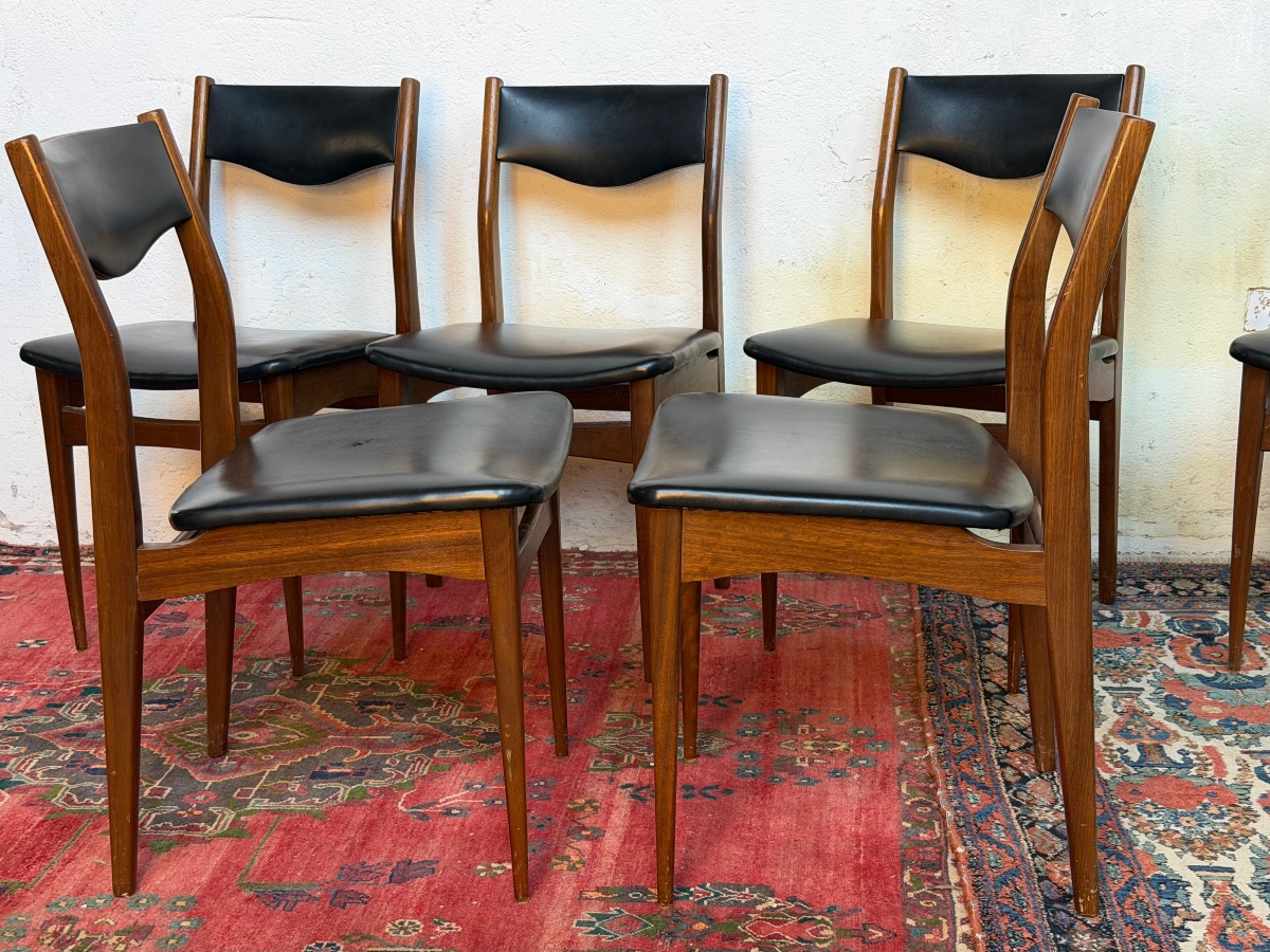 Set Of 6 Scandinavian Chairs In Teak And Black Skai-photo-3