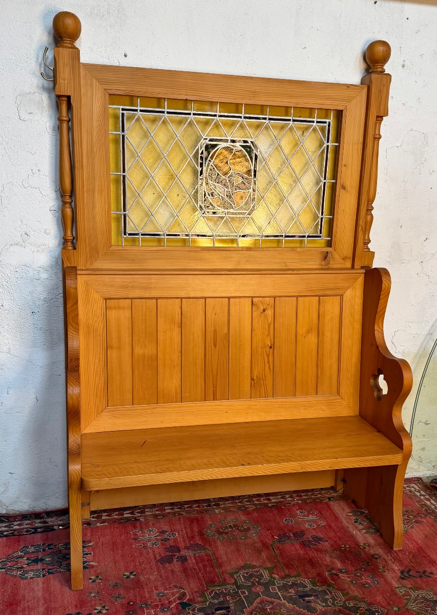 Partition Bench With Stained-glass Panel From The Mulhouse Brewery 
