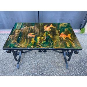 Table With Lacquered Wood With Fish Decorations And Wrought Iron Base 70 Signed P Bertille