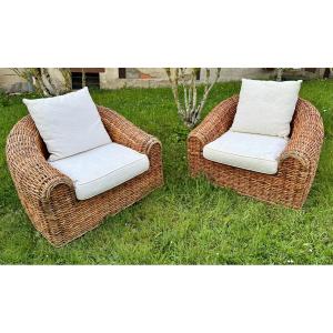 Imposing Pair Of Wicker Armchairs