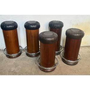 Set Of 5 Art Deco Style Stools Rosewood Chrome And Ski