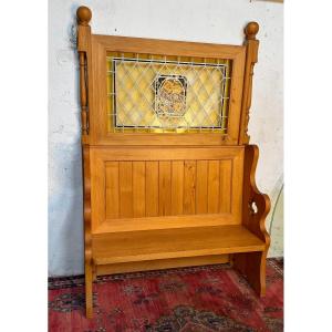 Partition Bench With Stained-glass Panel From The Mulhouse Brewery