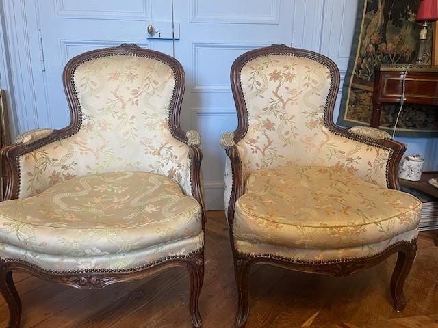 Large paire de bergères de style Louis XV à coussins-photo-2