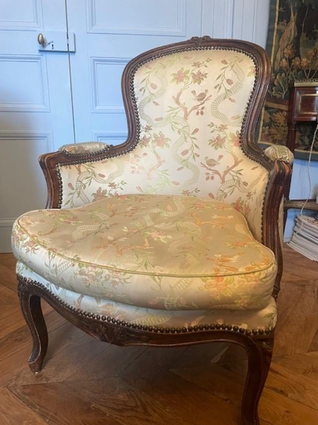 Large paire de bergères de style Louis XV à coussins