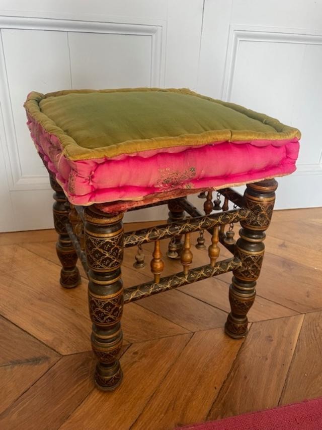 Curious Stool In Blackened And Gilded Wood With Neo-gothic Decoration.