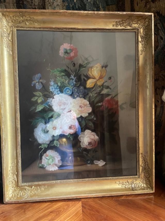 Still Life With A Bouquet Of Peonies, Pastel, Early 19th Century-photo-2