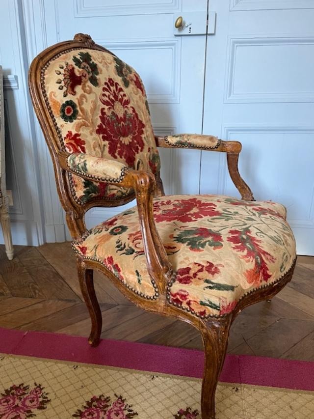 Fauteuil dossier plat d'époque Louis XV en bois naturel-photo-2