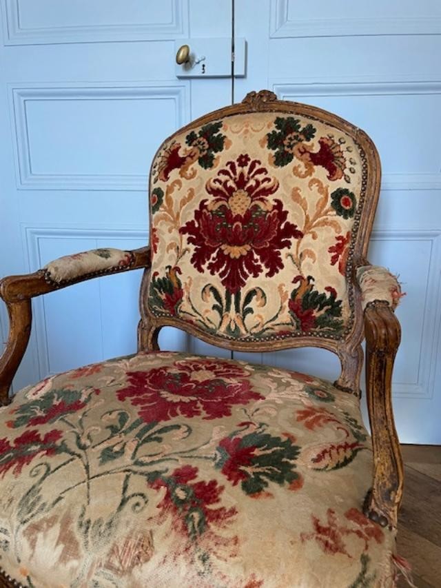 Fauteuil dossier plat d'époque Louis XV en bois naturel-photo-3