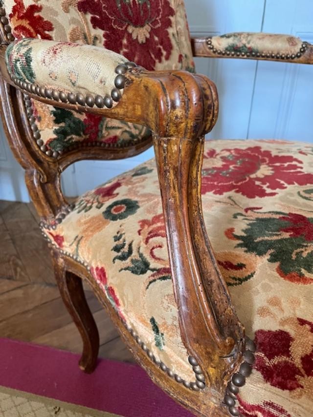 Fauteuil dossier plat d'époque Louis XV en bois naturel-photo-2