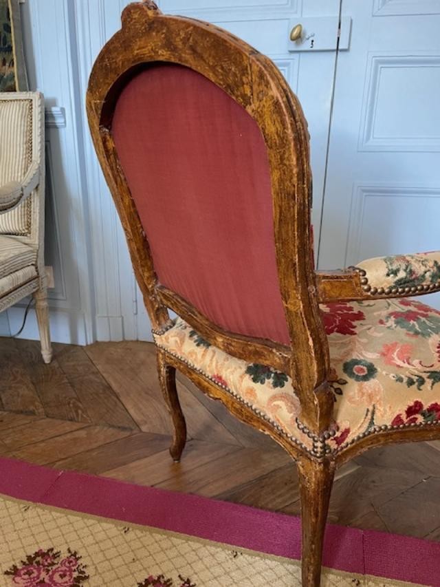 Fauteuil dossier plat d'époque Louis XV en bois naturel-photo-3