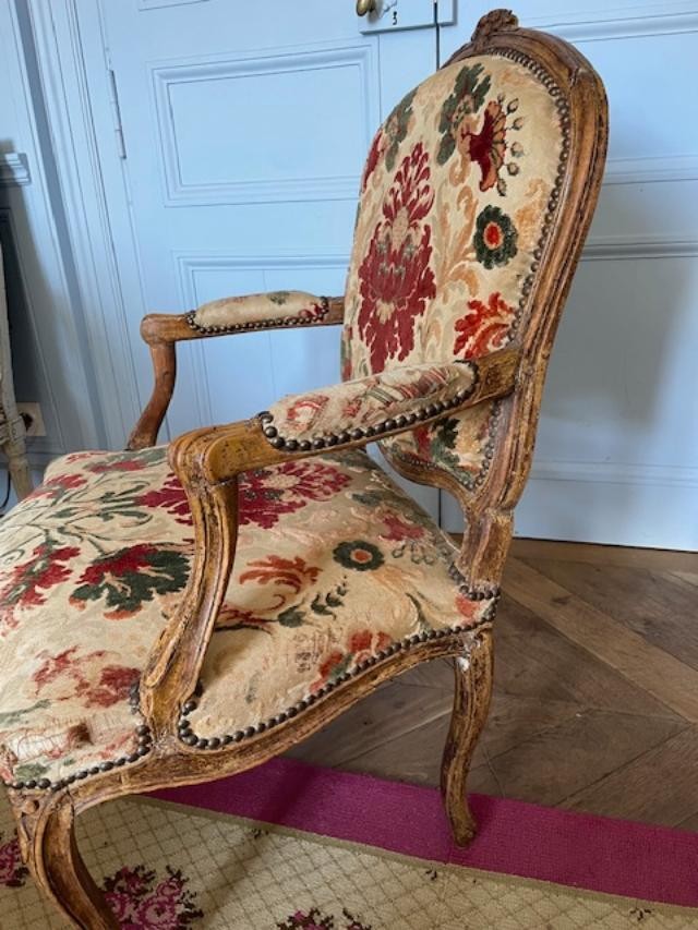 Fauteuil dossier plat d'époque Louis XV en bois naturel-photo-4