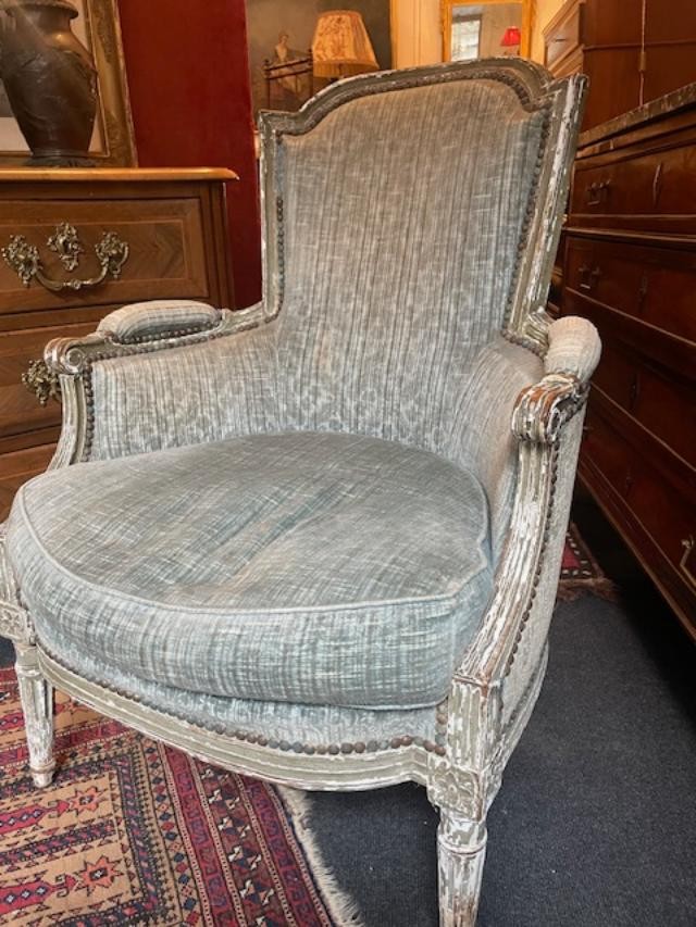 Bergère en bois laqué à coussin d'époque Louis XVI-photo-2