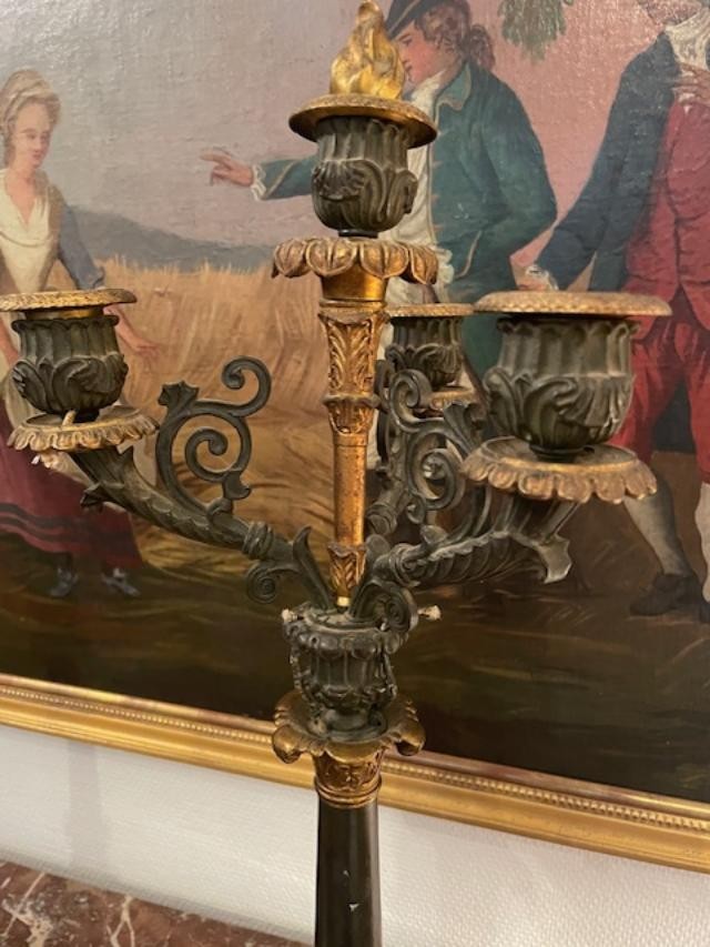 Large Pair Of Empire Period Brown And Gold Double Patina Candlesticks-photo-2