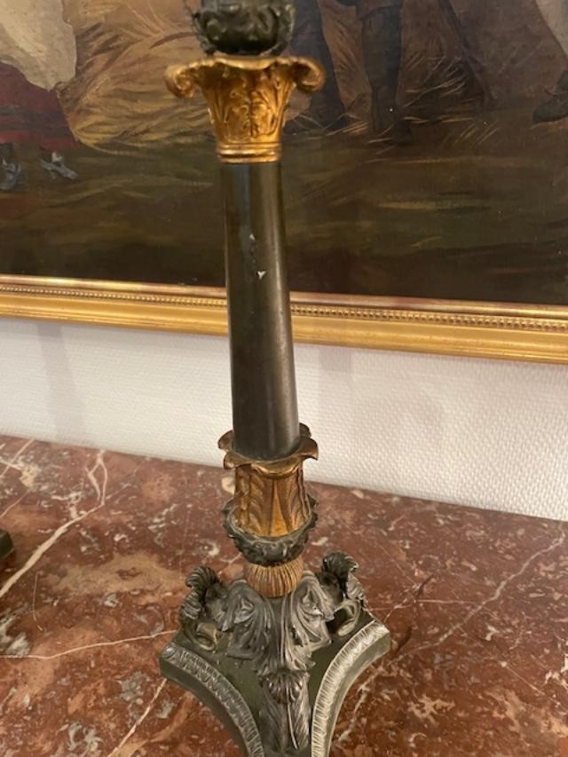 Large Pair Of Empire Period Brown And Gold Double Patina Candlesticks-photo-3