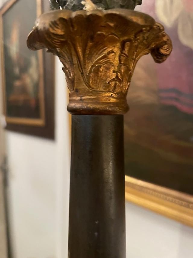 Large Pair Of Empire Period Brown And Gold Double Patina Candlesticks-photo-5