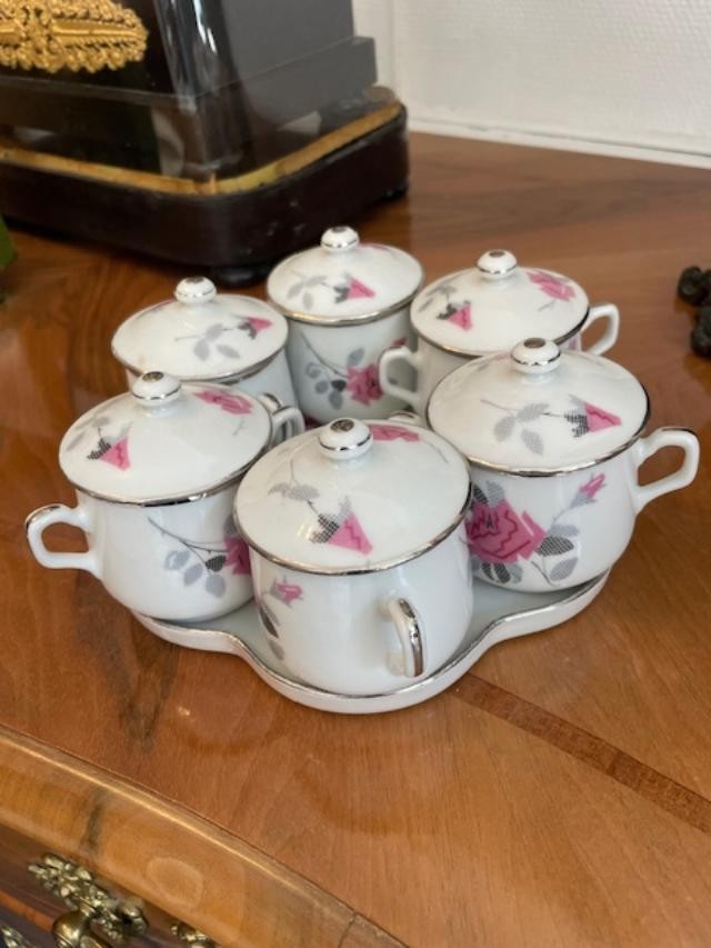 White Porcelain Cream Service With Silver And Pink Trim.