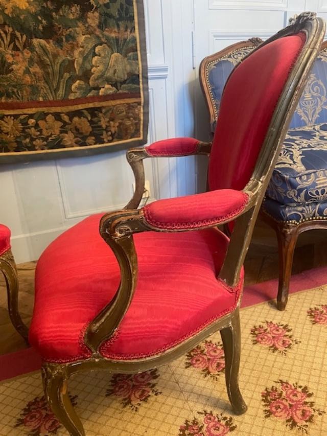Paire de fauteuils 18 ème en bois laqué d'époque Louis XV-photo-4
