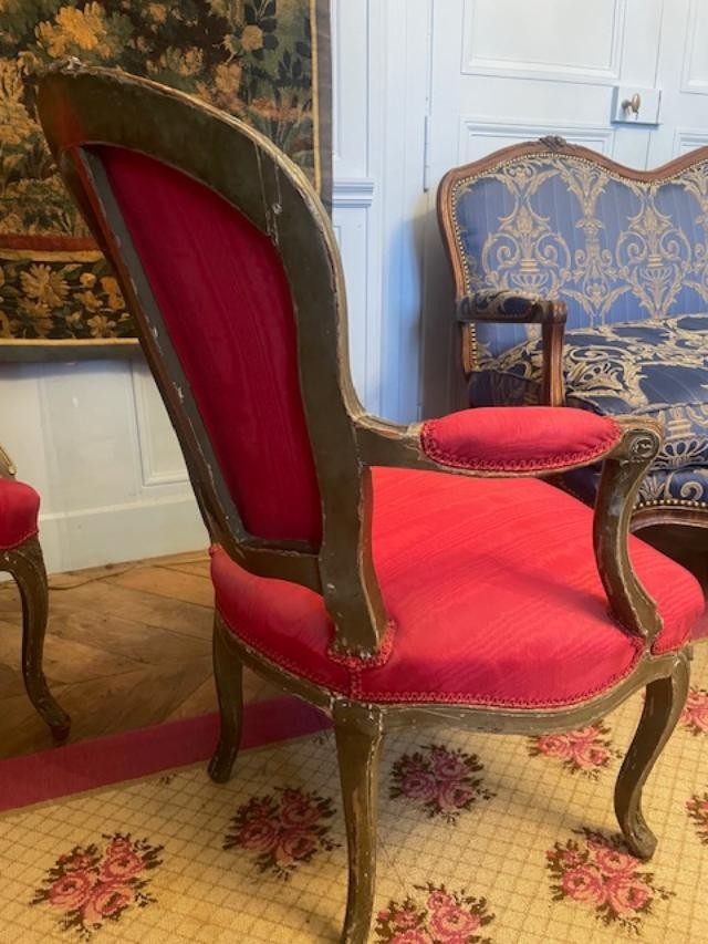 Paire de fauteuils 18 ème en bois laqué d'époque Louis XV-photo-2