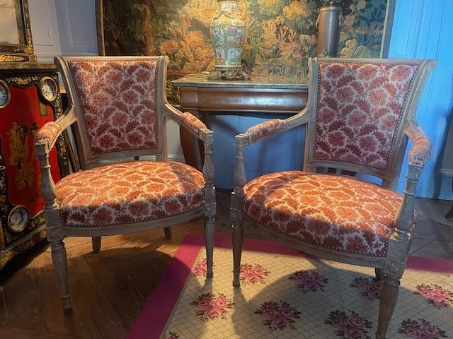 Pair Of Directoire Period Armchairs In Cream Lacquered Wood