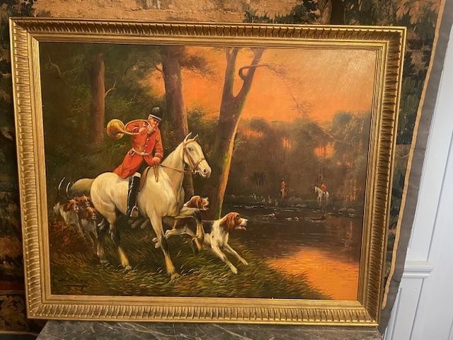 Oil On Panel Depicting A Hunting Party