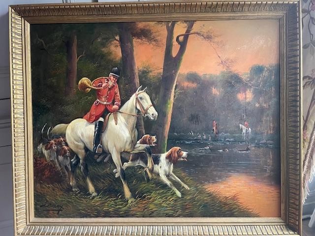 Huile sur panneau figurant un équipage de vénerie