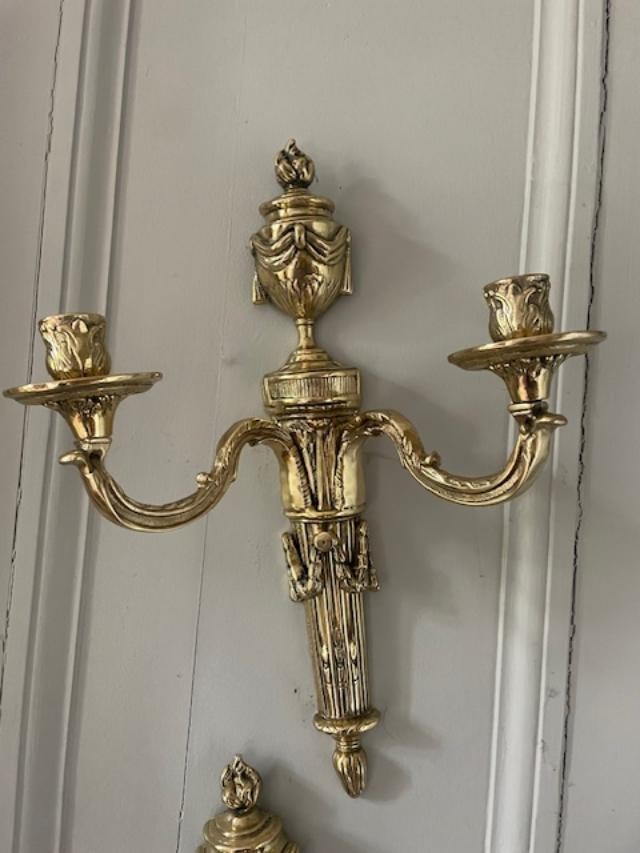 Pair Of Louis XVI Style Wall Sconces In Gilt Bronze 