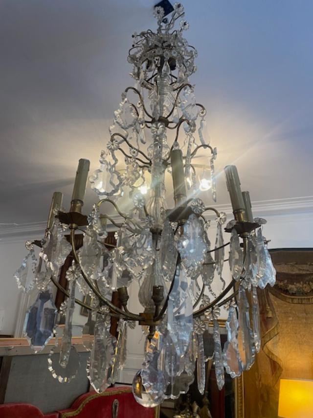 Important lustre cage en bronze et cristal