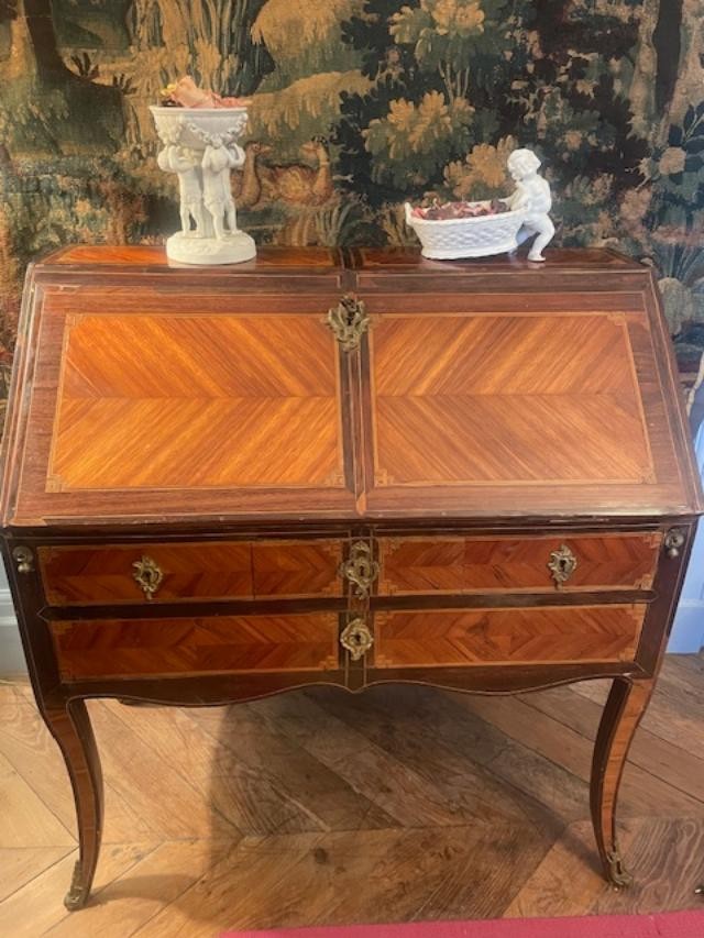 Bureau de pente 18 ème en bois de placage d'époque Louis XV-photo-2