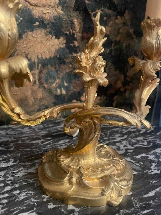 Pair Of Bronze Candlesticks With Rocaille Decoration-photo-3