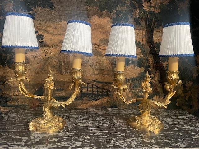 Pair Of Bronze Candlesticks With Rocaille Decoration