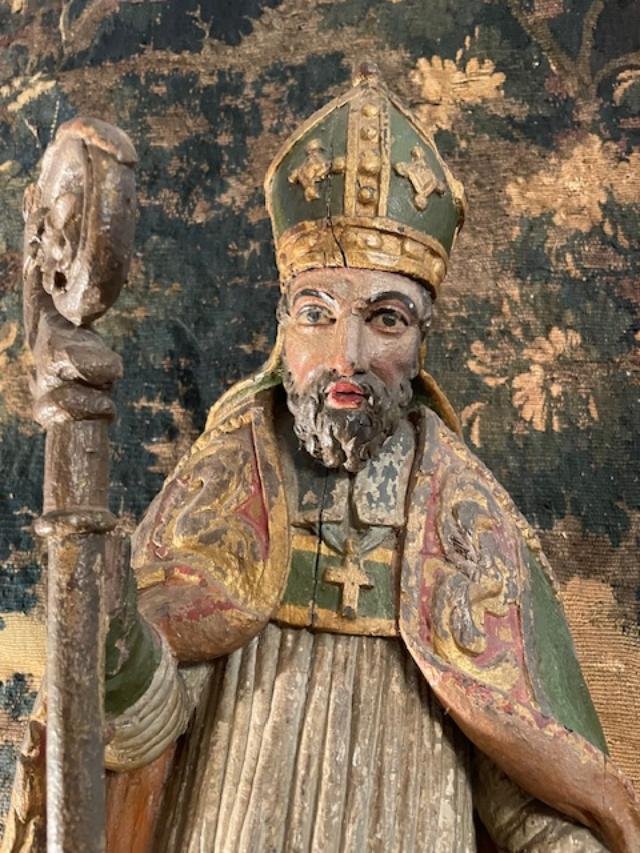 Large Polychrome Wooden Statue Of A Bishop, Mid-18th Century-photo-2