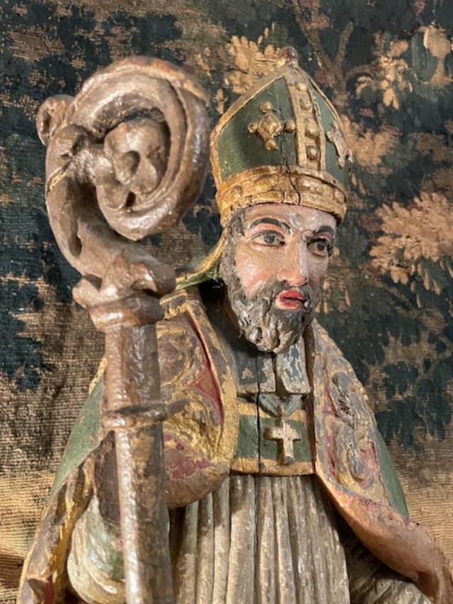 Large Polychrome Wooden Statue Of A Bishop, Mid-18th Century-photo-3